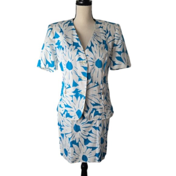 Laurel by ESCADA White Blue Floral Print Short Sleeve Jacket Pencil Skirt 10 NWT